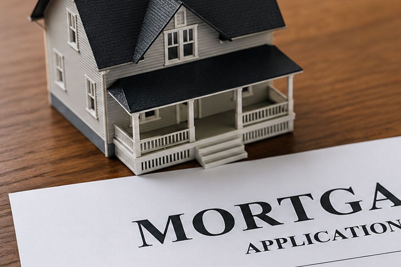 Model house beside a mortgage application form, representing borrowing against home equity in Canada